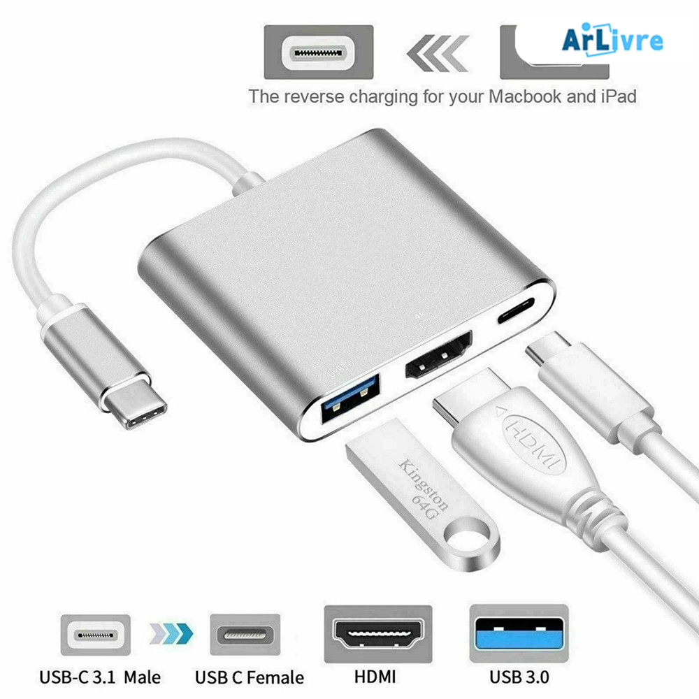 Hub 3 em 1 Type C para conversor HDMI USB 3.04K/adaptador de alumínio