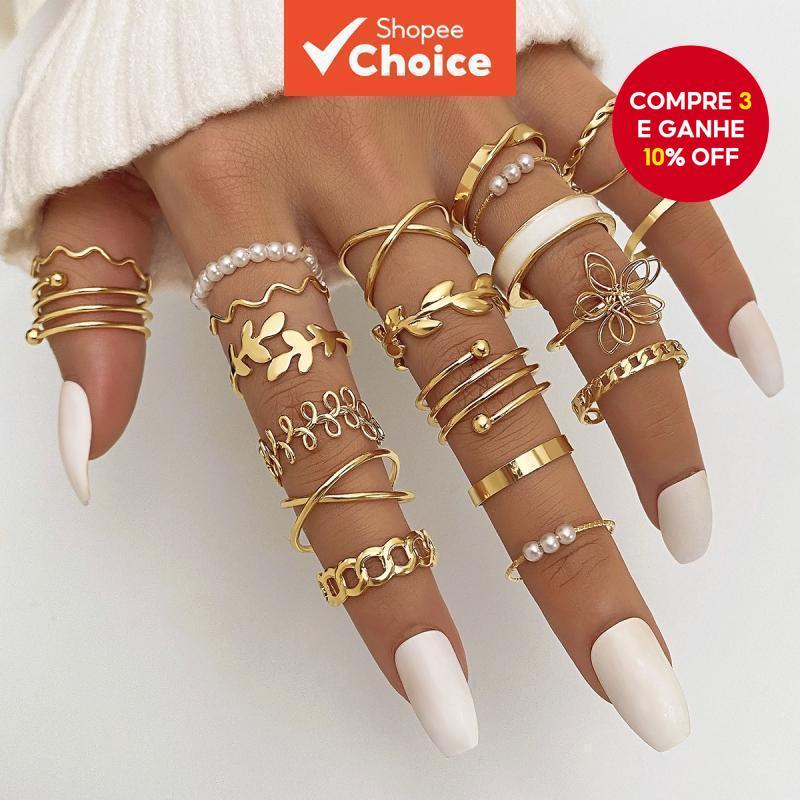 Conjunto de 22 peças elegante imitação de pérola flor folha Design geométrico conjunto de anéis femininos