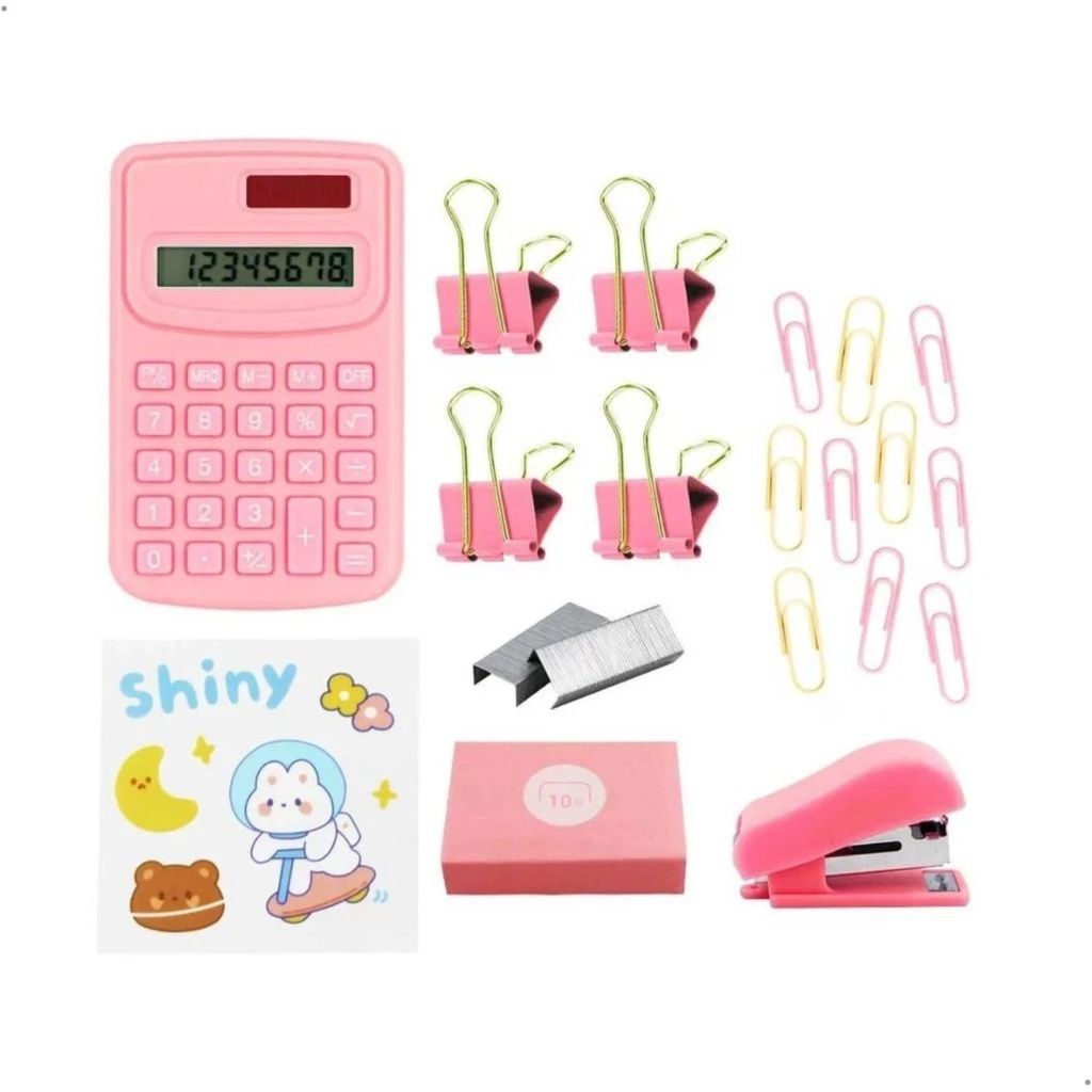 Kit Escritório/Escolar 90 itens com Calculadora Rosa Papelaria Fofa Volta às Aulas