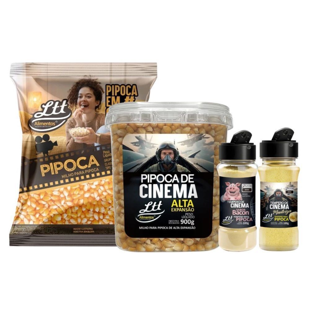 Milho 500g Em Casa + Milho Cinema Alta Expansão 900g + 2 Tempero Manteiga e Bacon 100g