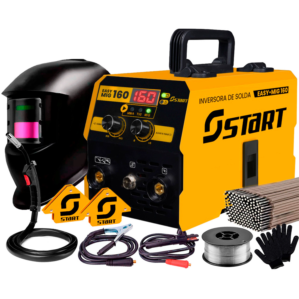 Máquina Solda Inversora Mig 160a Sem Gás 3 Em 1 Tig Lift Eletrodo Easymig + Máscara e Acessórios