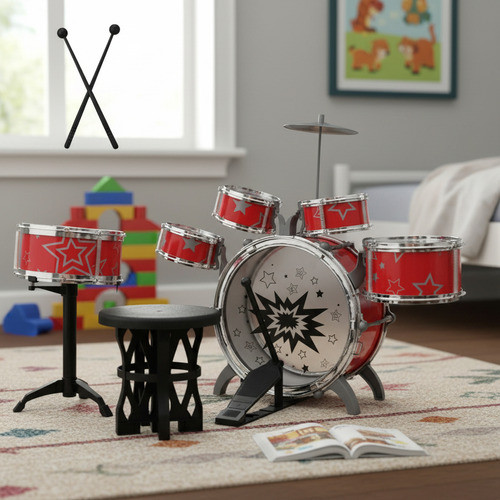Bateria Infantil Musical Vermelha com Banquinho Kit Educativo para Desenvolver Ritmo Infantil para Crianças 3+ Oficial em Oferta na Shopee