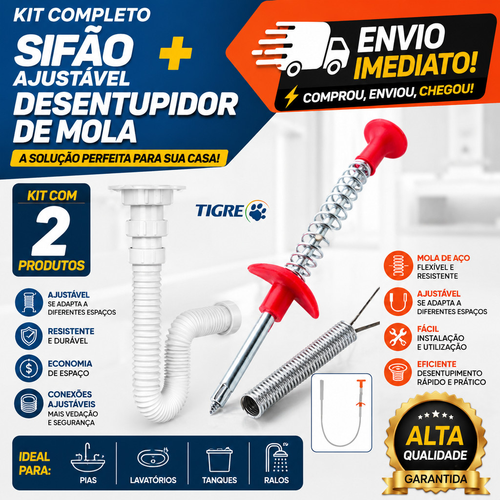 kit Desentupidor e Sifão da Tigre Limpador Pegador Ralo Cuba Pia Vaso Ralo Canos Com Garras Pinça