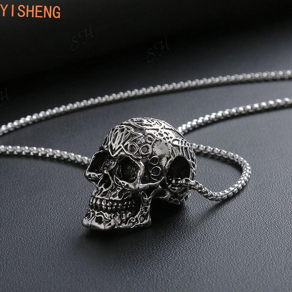 YISHENG Colar De Caveira Exclusivo Vintage Corrente De Aço Inoxidável Halloween Simples Correntes De Pescoço Masculinas