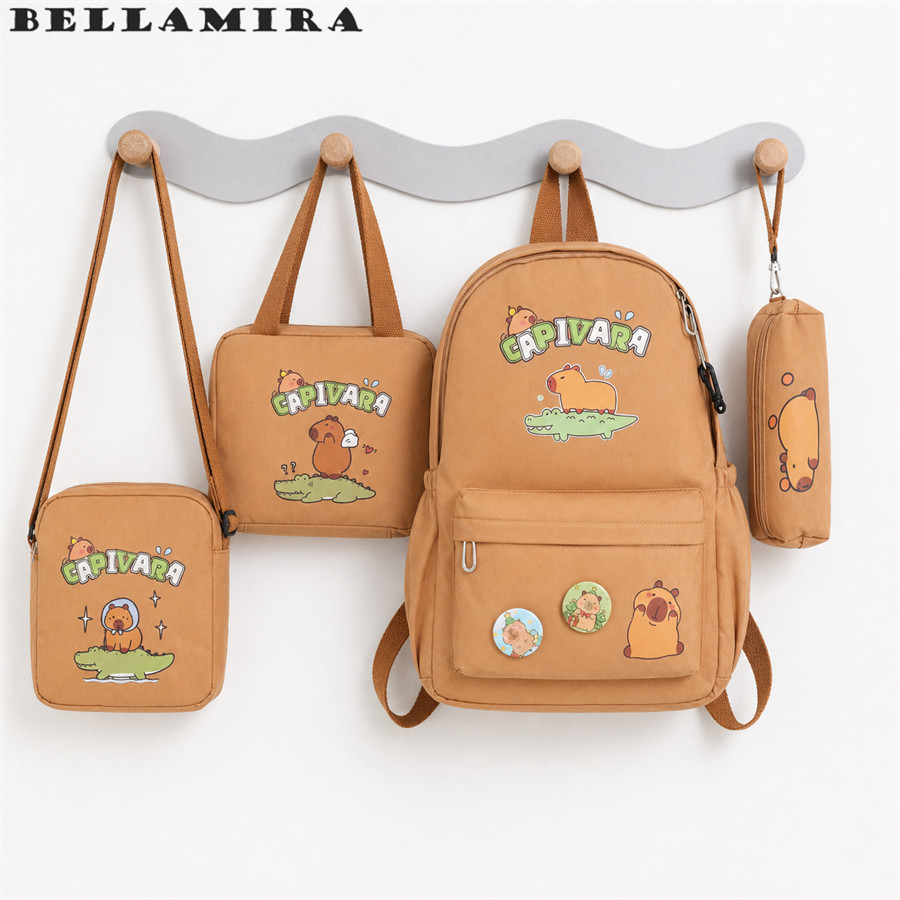 Kit Mochila Capivara | À Prova D'água | Ideal Para Escola E Viagem | Bolsa Transversal + Tote + Estojo Escolar