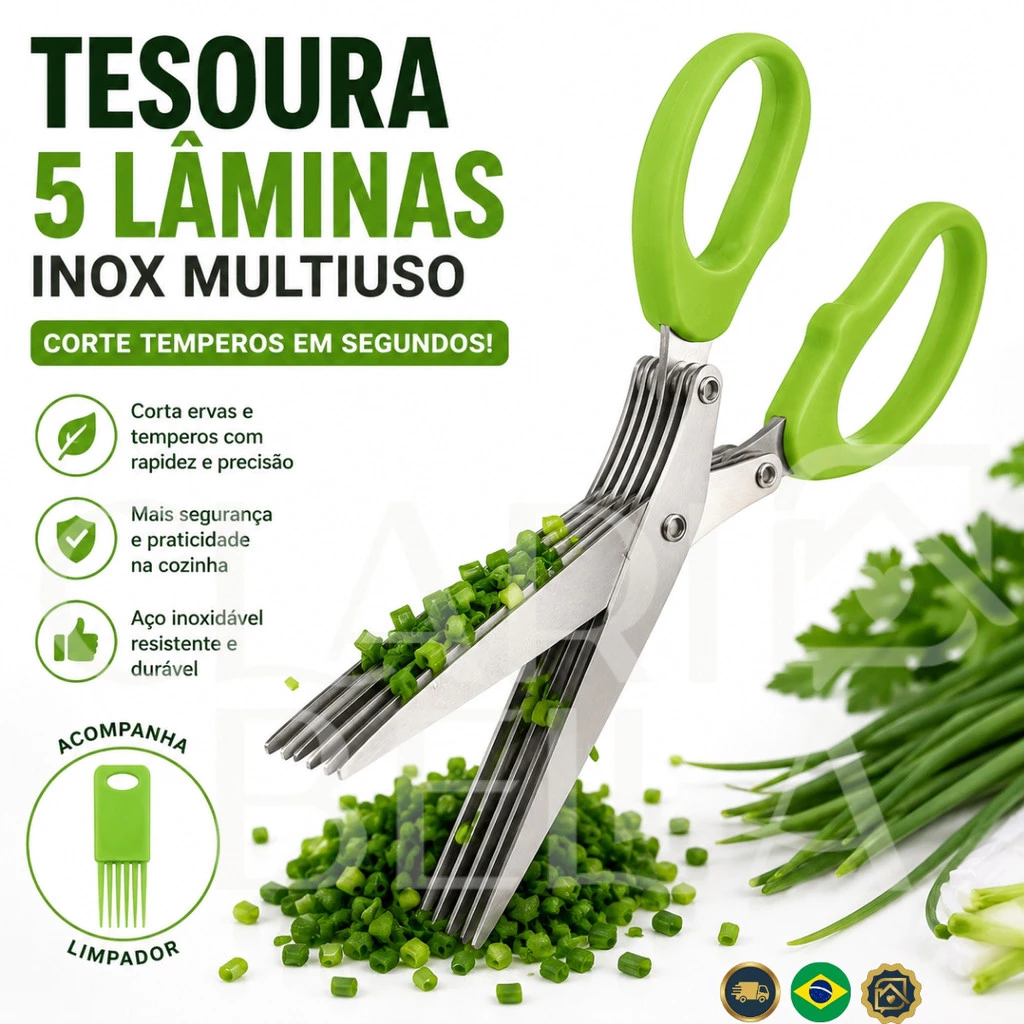 Tesoura Multiuso 5 Lâminas Inox Para Temperos Ervas Verduras Cozinha Profissional — imagem 1