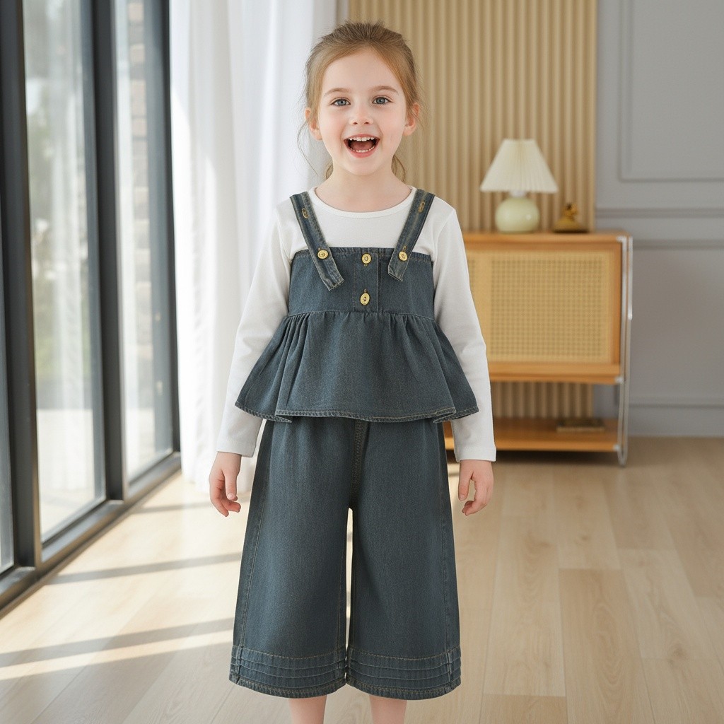Roupa Jeans Feminina De Duas Peças – Conjunto Frente Única Peplum E Calça Comprida De Perna Larga , 3-9 Anos