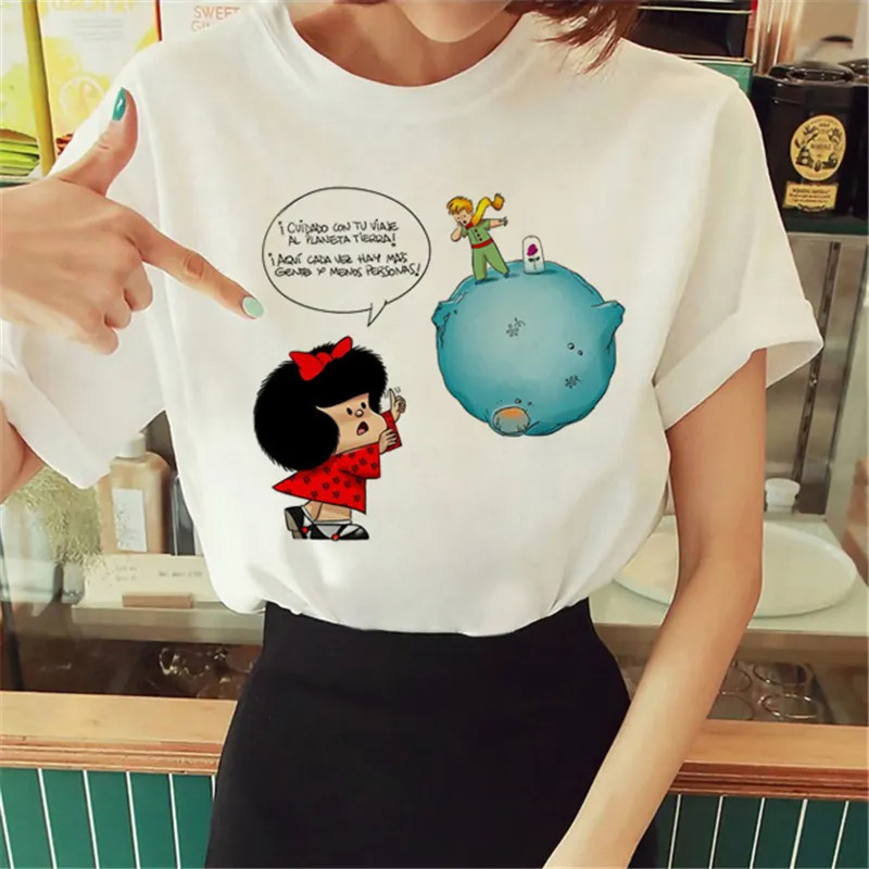 [Camiseta Premium em Algodão Puro]BOW Mafalda Pequeno Príncipe Planeta Terra Camiseta Masculina Moda Feminina