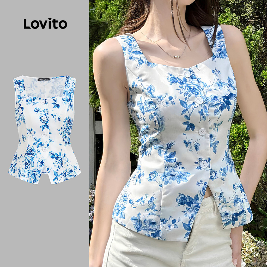 Lovito Top Boho Primavera/verão Azul para Mulheres LK4ED2533