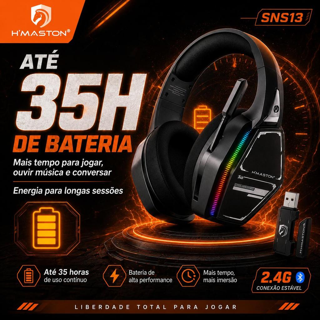 Headset Gamer H'Maston SNS13 Sem Fio Bluetooth 5.3, 35h de Bateria, Luzes RGB, Microfone Removível,Super Bass,Compatível