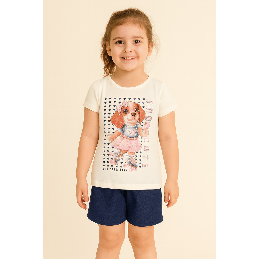 Conjunto Infantil Feminino Brandili – Camiseta Estampada + Shorts Moletinho 100% Algodão (Tam. 6, 8 e 10)