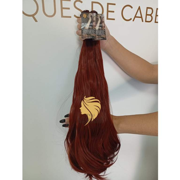 Aplique de Cabelo Fibra Russa Tela Semi Humano Natural 60cm Ondulado Ruivo Bella Hair