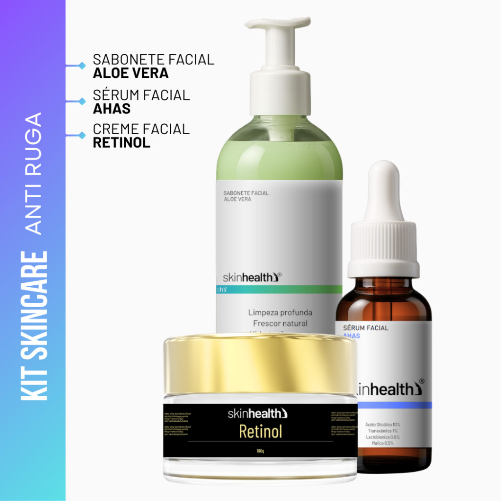 Kit Skincare Previne Rugas - Sabonete Limpeza Suave Sérum Facial Ahas para Renovação e Creme Retinol