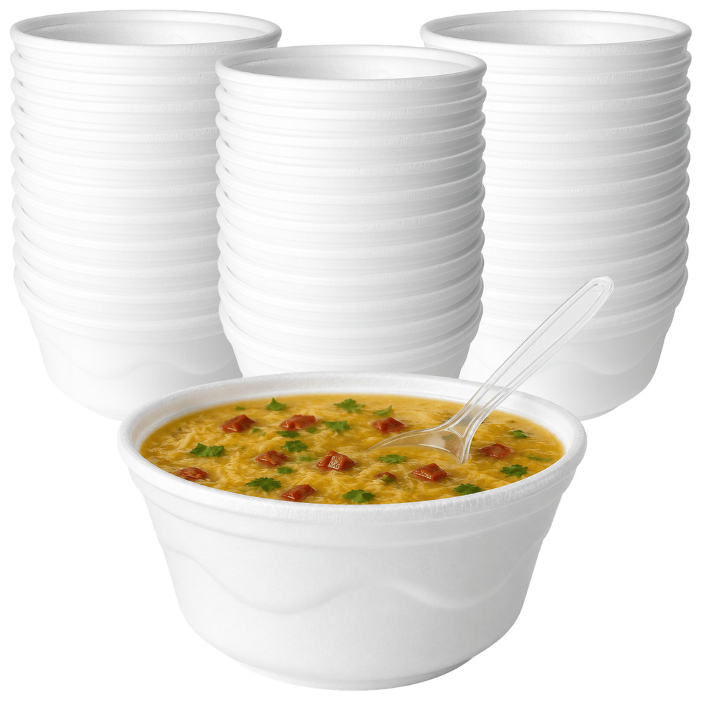 Kit Caldo e Sopa 100 Potes 100 Colheres Pote Isopor 500ml