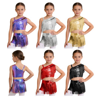 inhzoy Fantasia Infantil De Dança Jazz Para Meninas , Ombro Assimétrico , Borlas Metálicas , Top Curto Com Cintura Elást