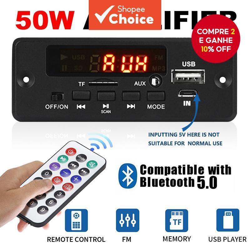 Amplificador DC 12V 50W Bluetooth 5.0 MP3 Player Rádio FM TF USB 3.5mm Módulo AUX Receptor