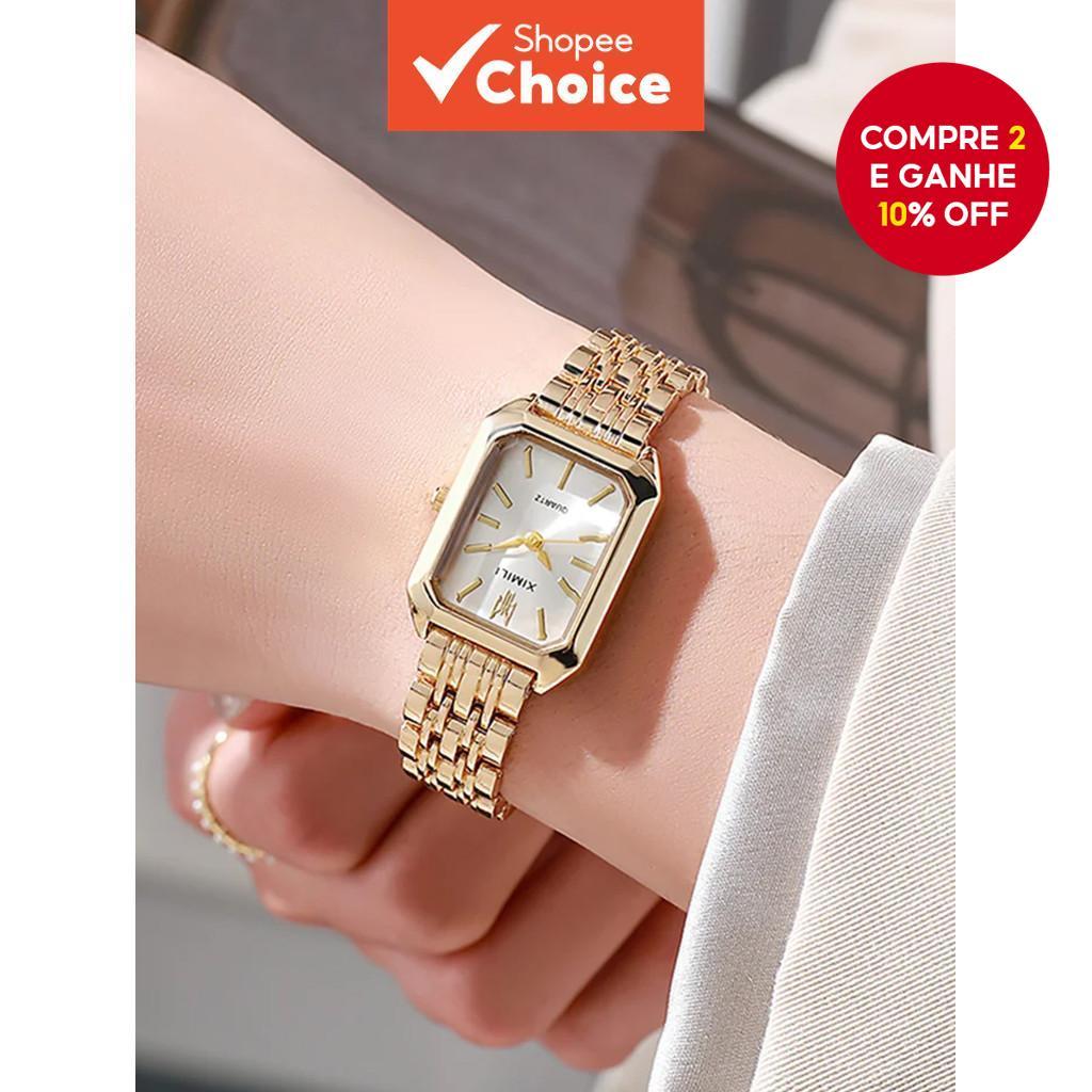 Relógio De Quartzo Feminino Retangular Dourado Elegante-Pulseira De Aço Com Mostrador Quadrado , Presente De Aniversário
