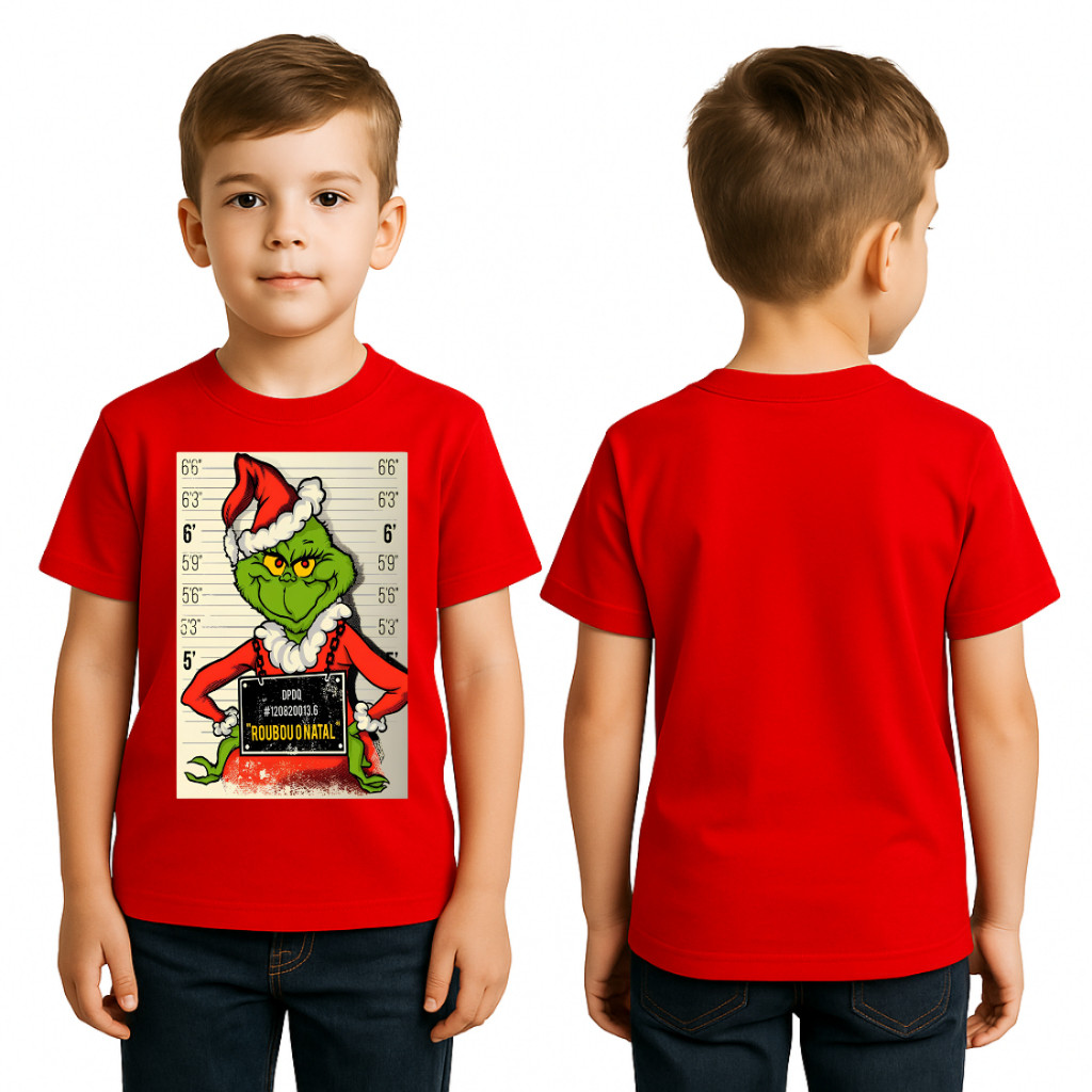 Camiseta Infantil Unissex Natalina Vermelha Estampada Grinch Robou o Natal Presente Divertido