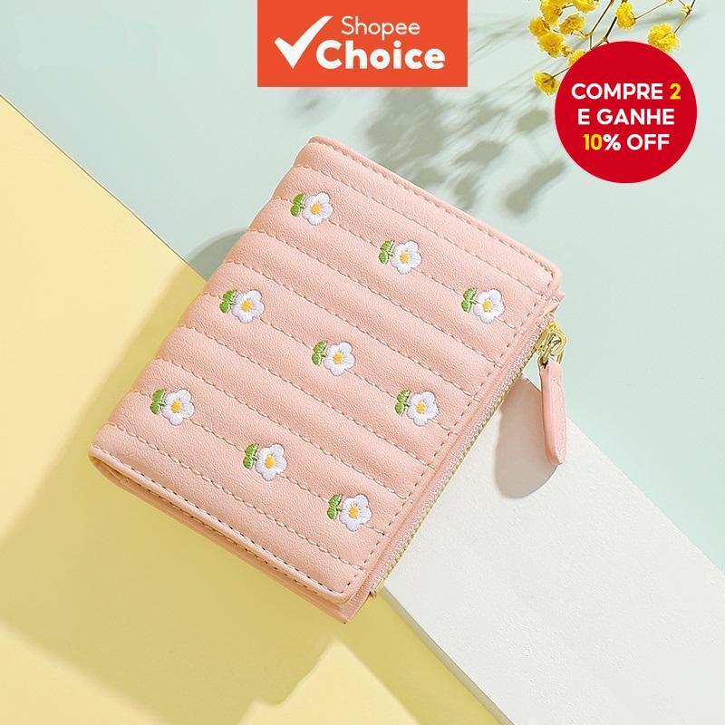  Carteira curta bordada para mulheres estilo coreano fofa com porta-moedas