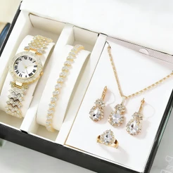 Conjunto de relógio de cinco peças em ouro com diamantes romanos incluindo pulseira colar brincos e anel Joias femininas