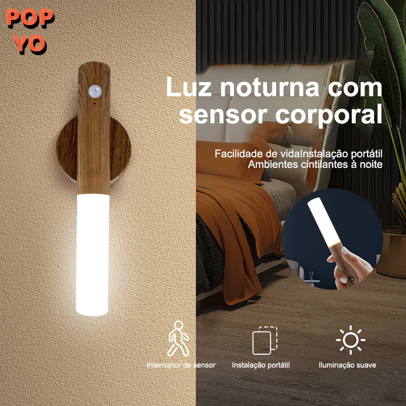 Luminária de Madeira LED com Sensor de Movimento  Luz Noturna Inteligente, Moderna e Decorativa POP YO (Lj Smile)
