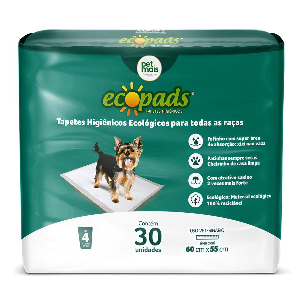 Tapete Higiênico Petmais Cães Ecopads Baby Super Secão 60x55 30 Unidades