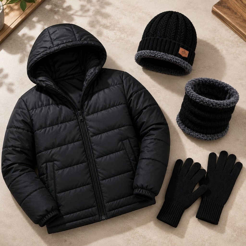 Kit Jaqueta Puffer Bobojaco Touca Gorro Com Cachecol e Luvas