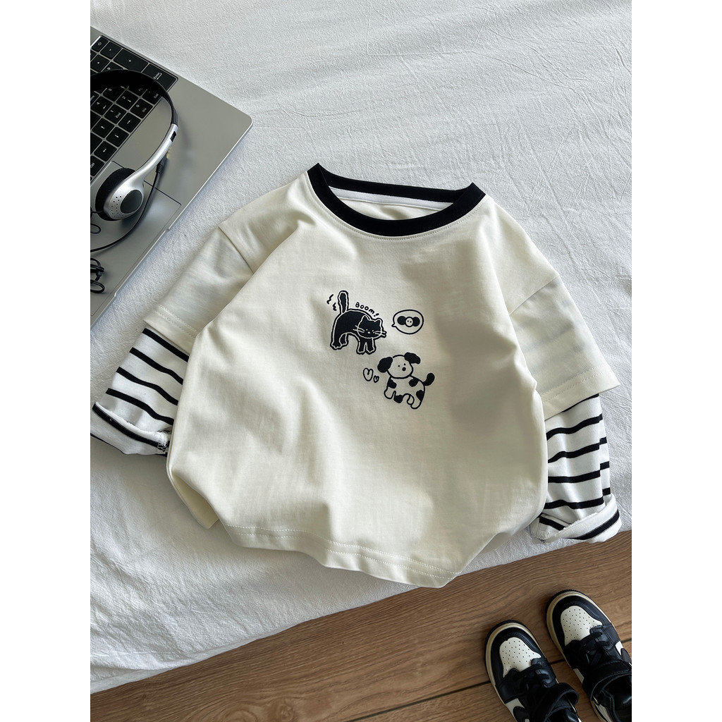 Crianças crianças camiseta de manga comprida 2026 novo estilo meninos falso topo de duas peças primavera outono crianças