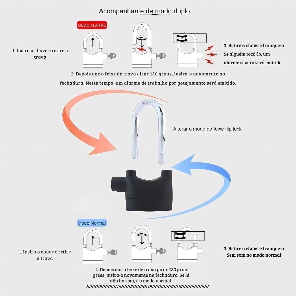 Detalhes do Cadeado Com Alarme Sonoro Prova De Água Anti-furto Moto Bicicleta Portão Casa 110db Chaves Baterias