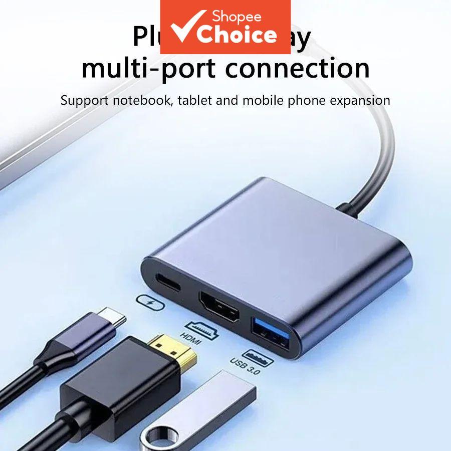Adaptador Conversor 3 em 1 USB-C para HDMI compatível 4K com USB 3.0 e PD para MacBook, PC e Laptop