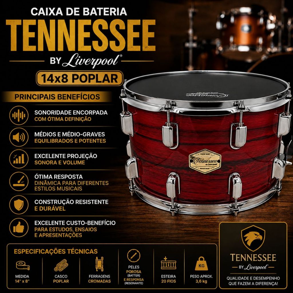 Caixa de Bateria Tennessee by Liverpool 14x8 Poplar — imagem 2 de 2