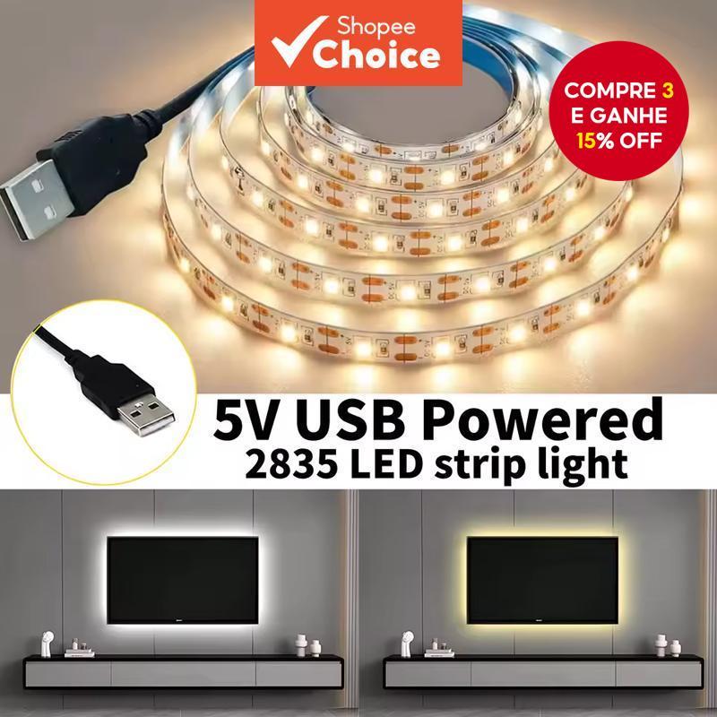 Fita LED USB 2835 - Fita de Branco Quente Ajustável para Iluminação de Fundo de TV e Decoração de Interiores, Largura