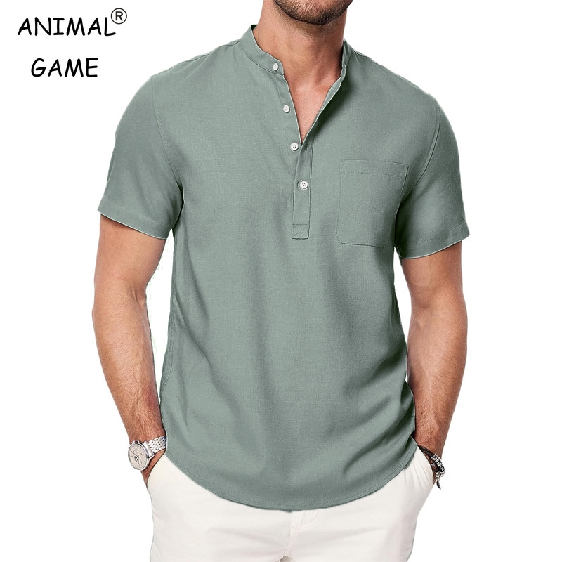 Verão Dos Homens Manga Curta Henley Camisas Casuais Botão Para Baixo Camisa Leve Beach Wear Com Bolso Respirável Streetw