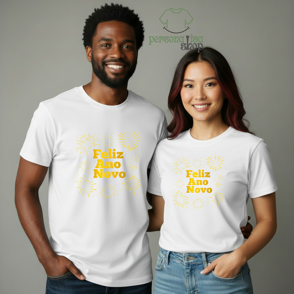 Kit 2 Camisetas Casal Feliz Ano Novo Lançamento Festas Final de Ano  Presente Conjunto Familia