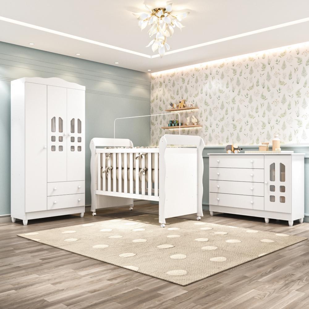 Quarto Bebê Completo Berço Americano Marquesa 3Em1 Guarda Roupa 3 Portas Cômoda Infantil 100% MDF