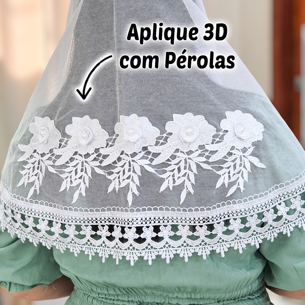Véu Ccb Renda Larga e Aplique Floral 3D com Pérolas Adulto Congregação Cristã (mod. Esmeralda) em Oferta na Shopee