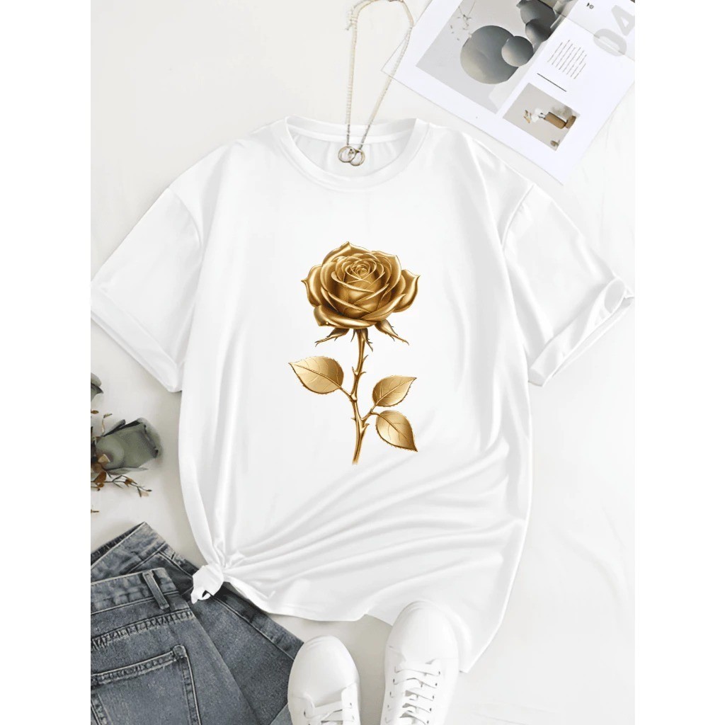 Camiseta Feminina Estampa Rosa Dourada Linda Confortável