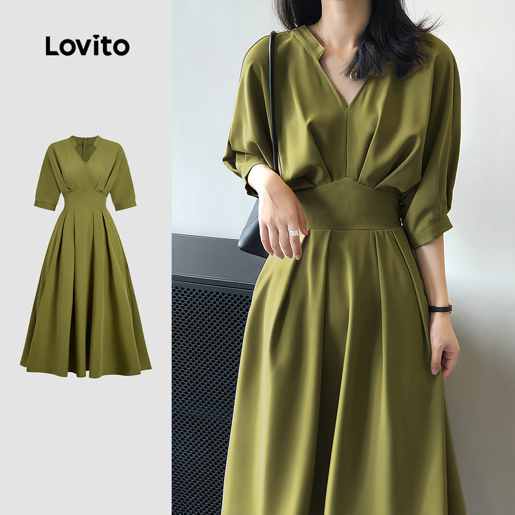 Lovito Vestido Elegante Plissado Primavera/verão Verde para Mulheres LBL31089 em Oferta na Shopee
