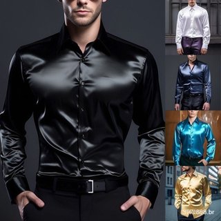 (Em Stock) Casual Botão De Seda De Cetim Camisa Slim Fit Festa Camisas De Manga Longa
