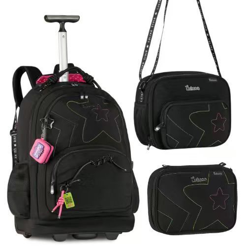 Kit Luluca De Rodinha Com Chaveiro Especial – Mochila De Rodinha + Estojo + Lancheira - Clio