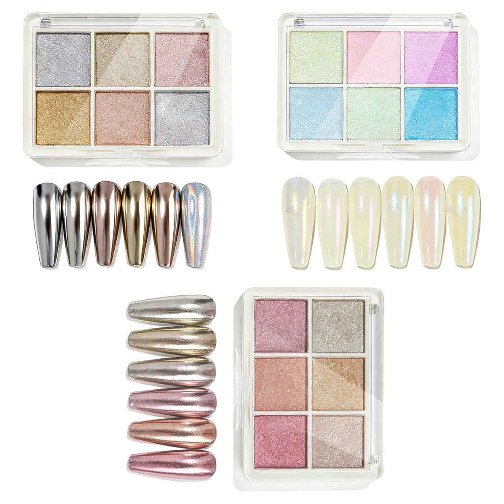 Paleta 6 Cor Pó Cromo Compacto com Pincel Efeito Espelho Metalizado Aurora HolográficoDecoração Unha Nail Design