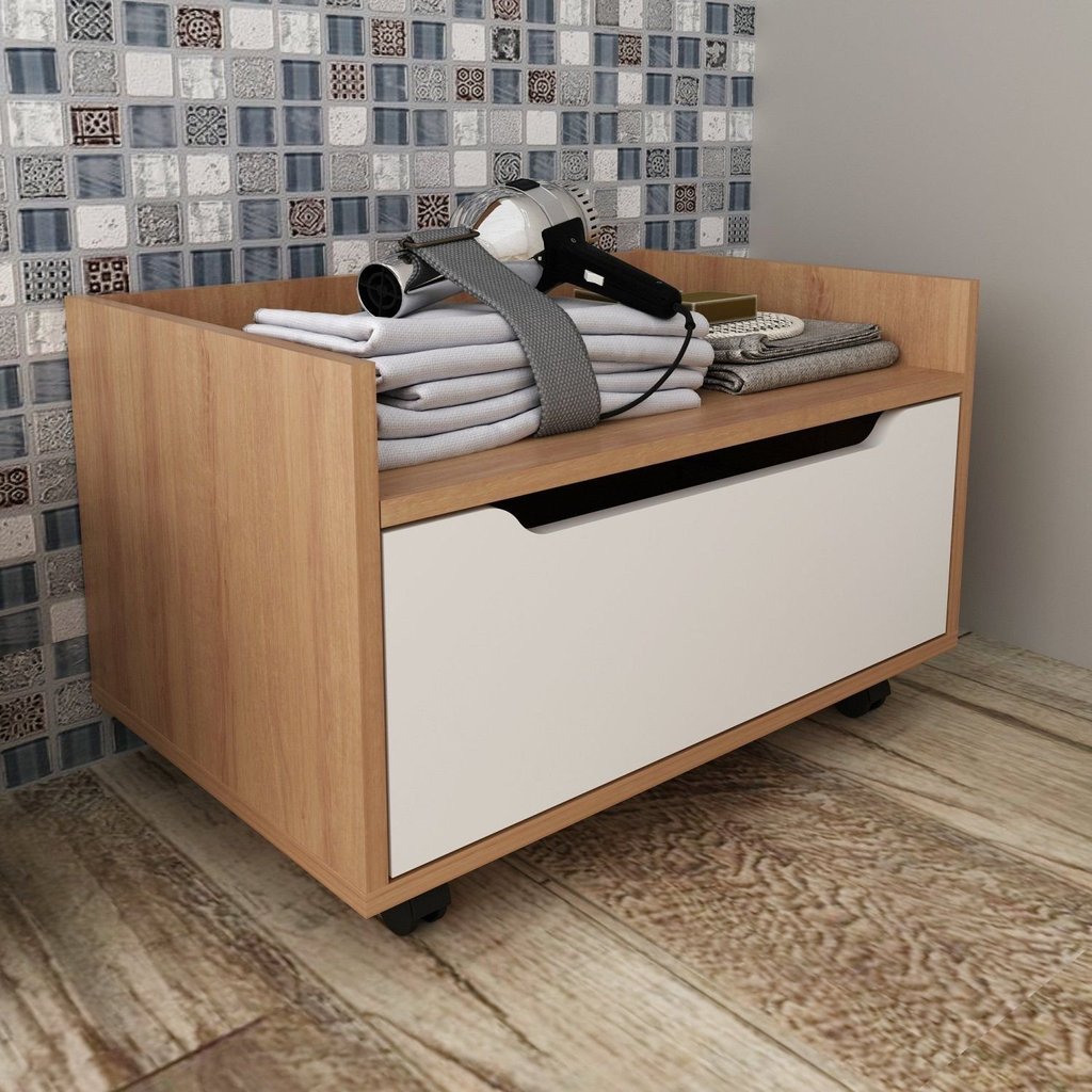 Armário para Banheiro 60cm com 1 Gavetas e Rodízio BN3647 Branco/Amêndoa Marrom Amêndoa/Branco