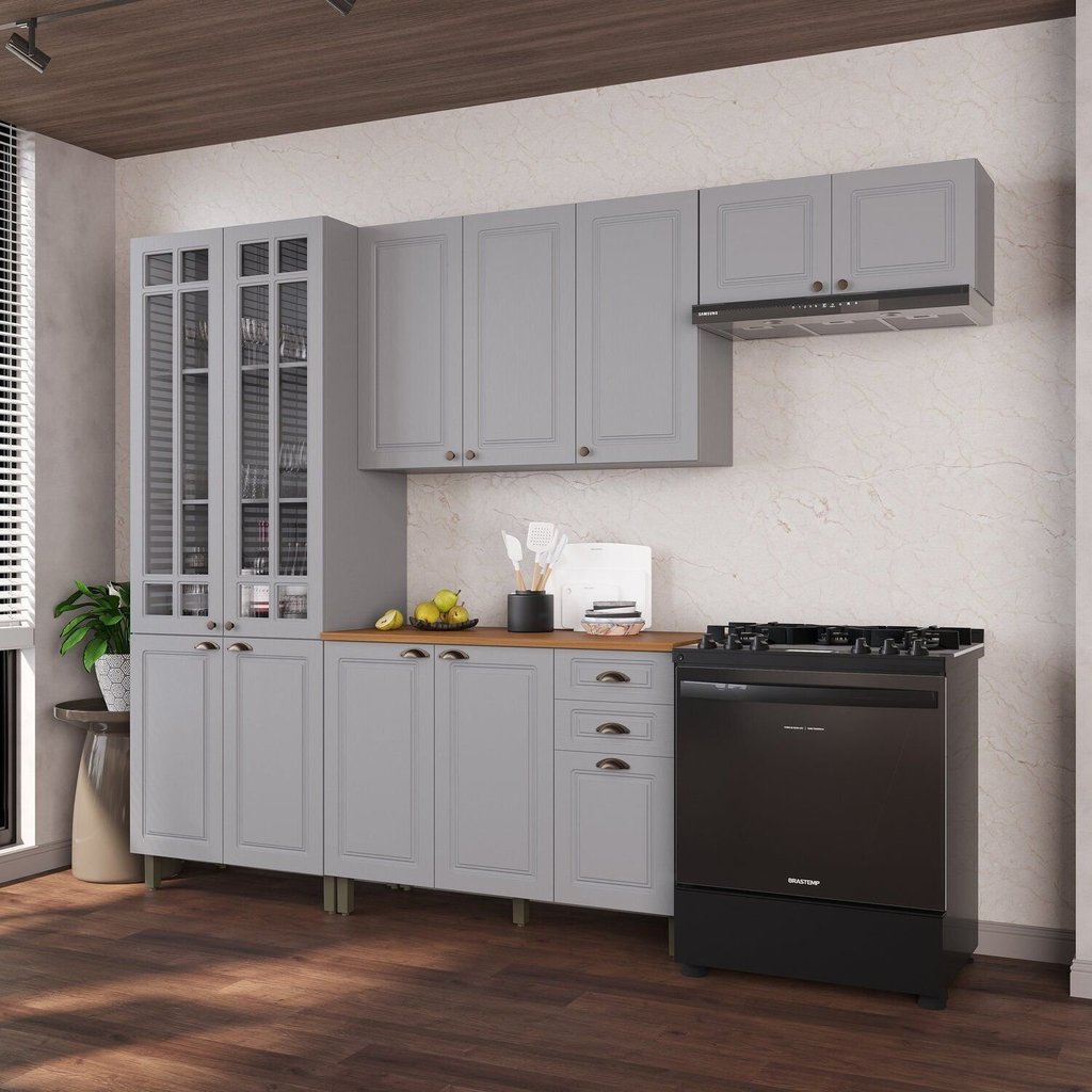 Cozinha Modulada 4 Peças Cristaleira Balcão com Tampo 2 Aéreos 100% MDF Bari Cinza/Titanio Fosco