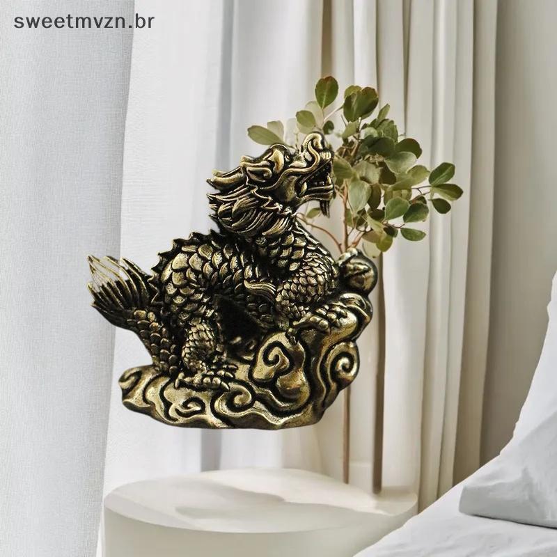 sweetmvzn Antigo Dragão Estátua Ornamento Zodíaco Animal Artesanato Em Bronze Feng Shui Decoração Estatuetas De Escritór