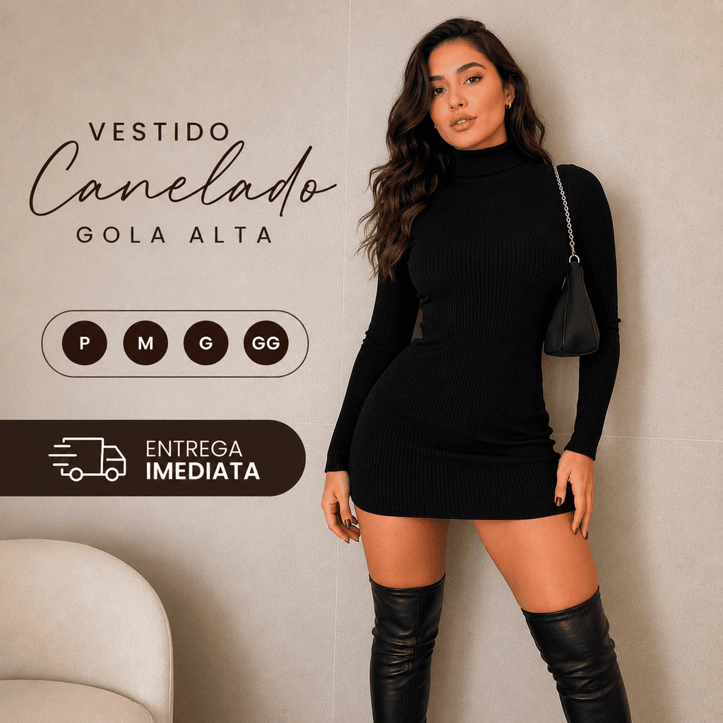 Vestido Gola Alta Com Manga Longa Canelado Anaruga Inverno Balada Moda Casual Blogueira