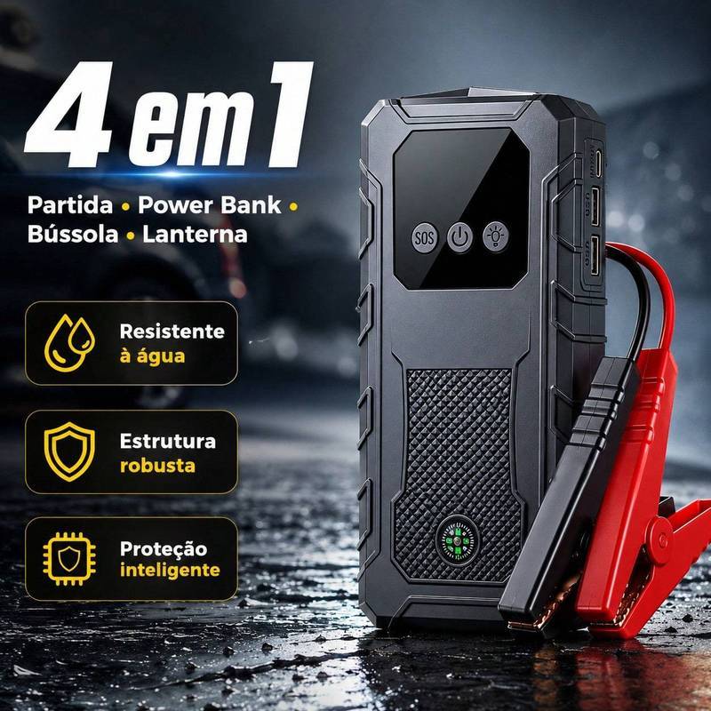 Auxiliador Partida 4em1 PowerBank 10000mAh Portátil Calibrador Pneu Para Carro Moto Celular
