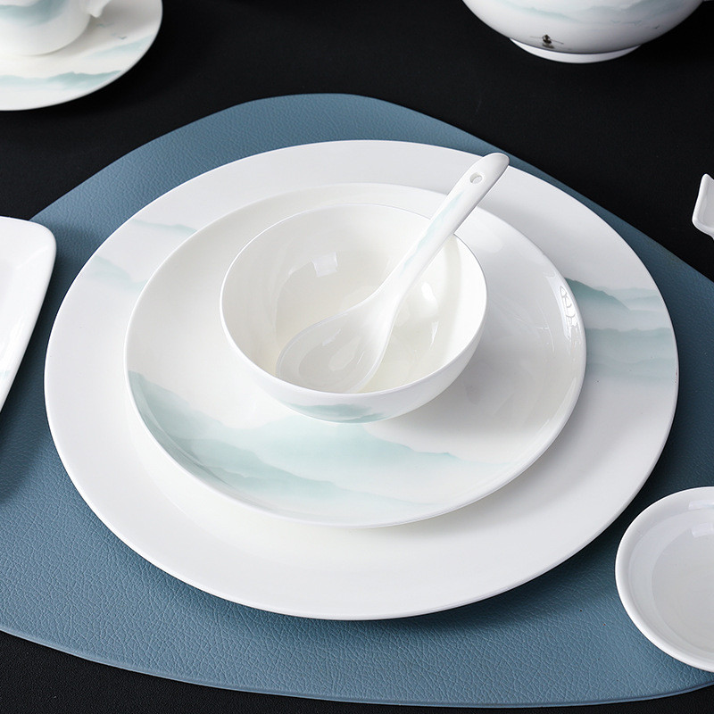 Conjunto de louça de cerâmica para hotel, louça para clubes, pratos e tigelas simples para restaurante, porcelana de oss