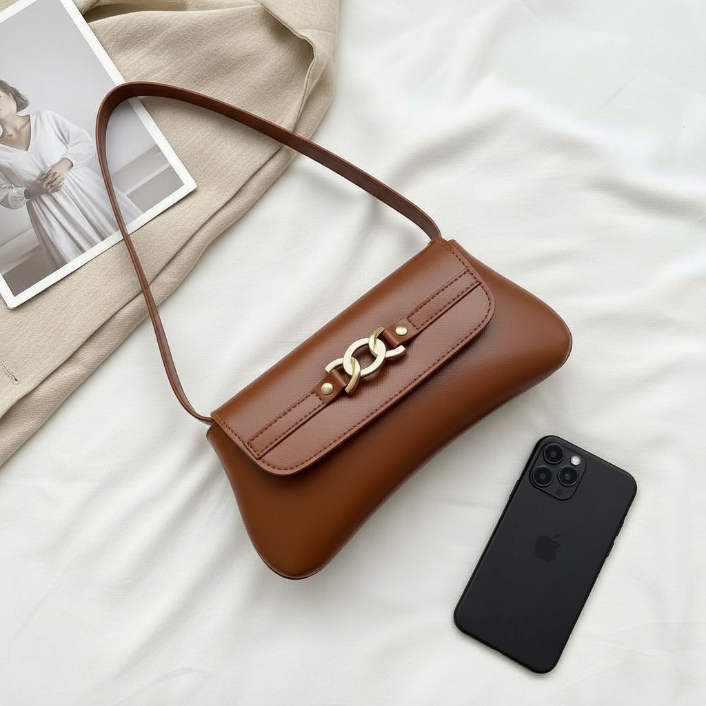 Bolsa Feminina de Ombro Marrom Caramelo Baguete Estilosa Casual