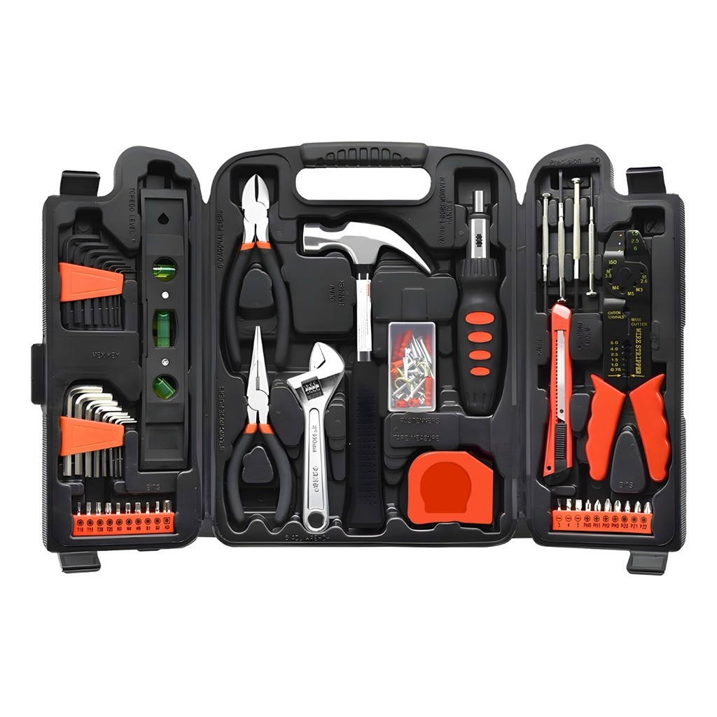 Kit Ferramentas 129 Peças Maleta Resistente com Alicates Chave Inglesa Martelo Nível Bits Trena