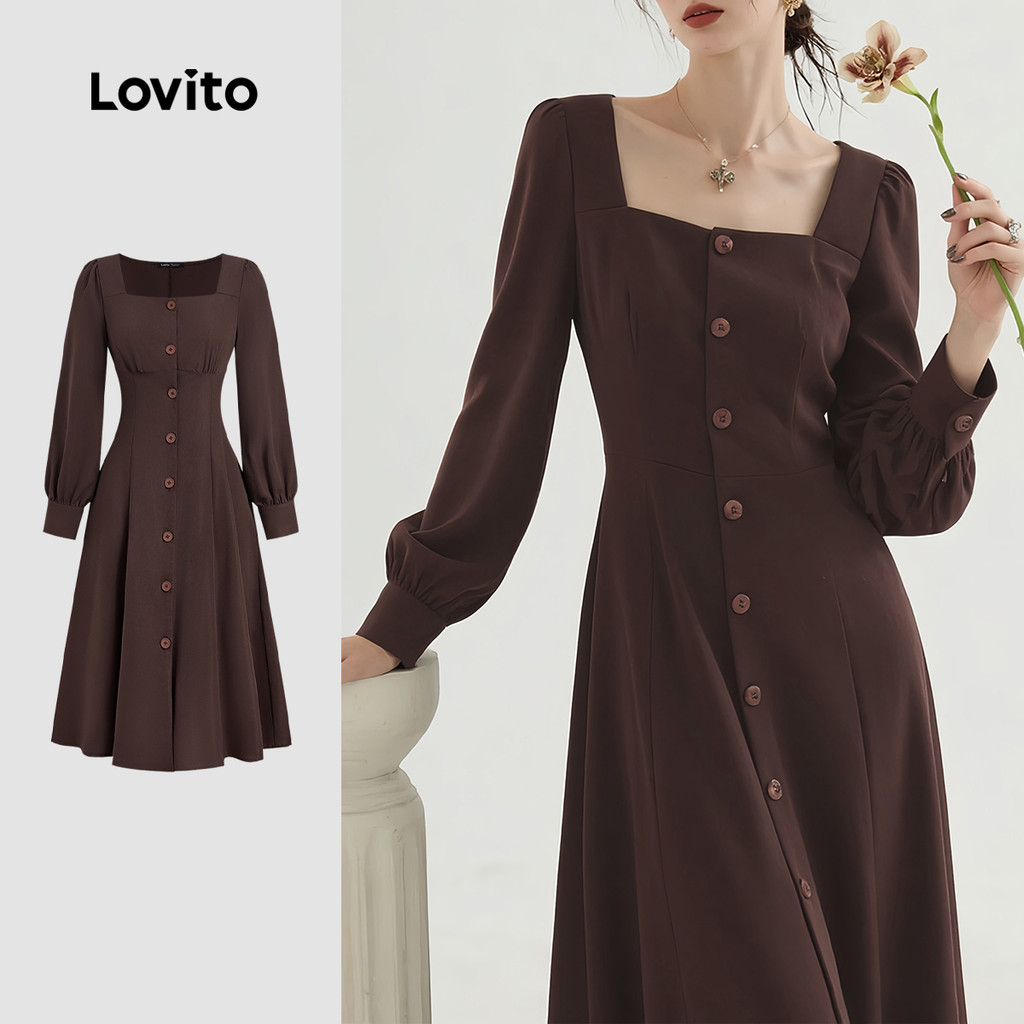 Lovito Vestido Elegante com Botão Marrom para Outono/inverno para mulheres L166AD906 em Oferta na Shopee